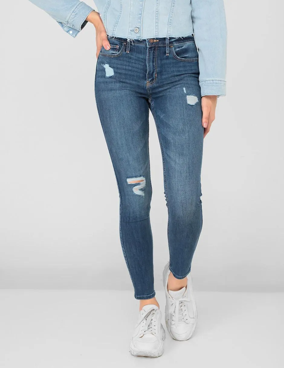Jeans skinny Hollister lavado destruido corte cintura alta para mujer