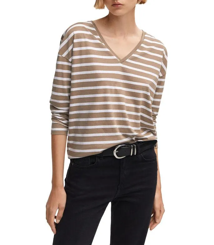 Playera cuello V manga larga a rayas Mujer
