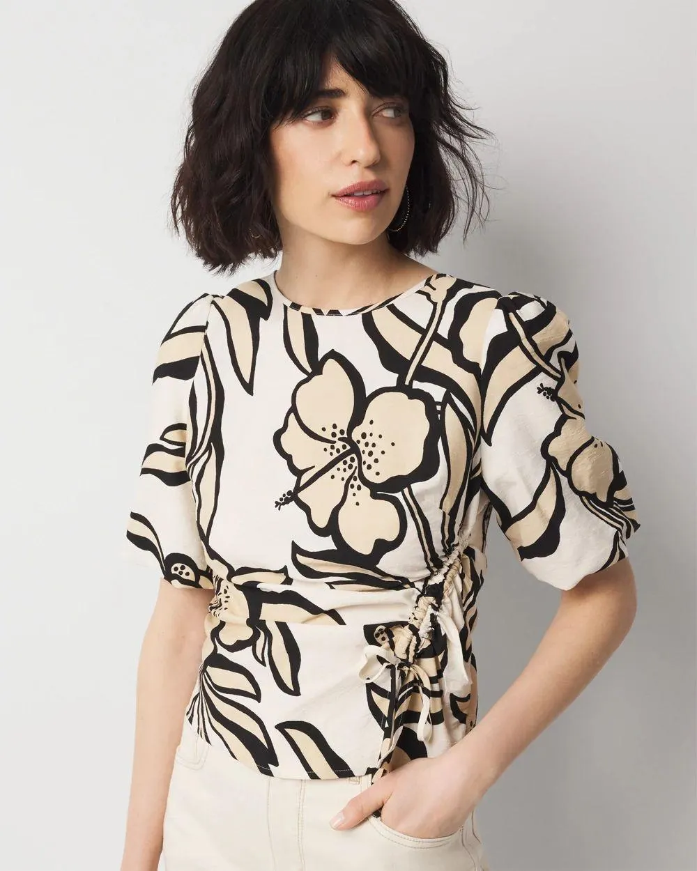 Puff-Sleeve Drawstring Blouse