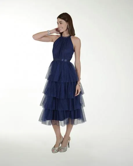 VESTIDO CC ENCAJE TIPO HALTER CON OLANES