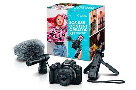 Cámara Canon EOS R50 Content Creator Kit Micrófono DM-E100 • Tripie HG-100TBR