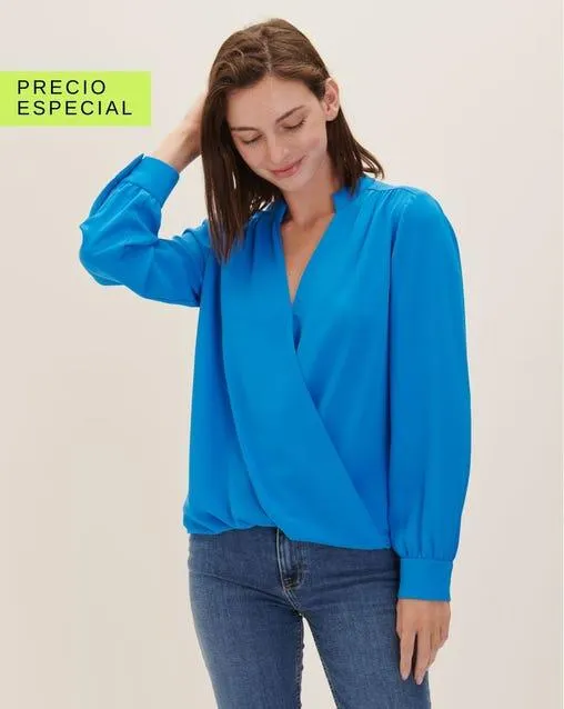 Blusa Envolvente Azul Cuello Mao Escote V