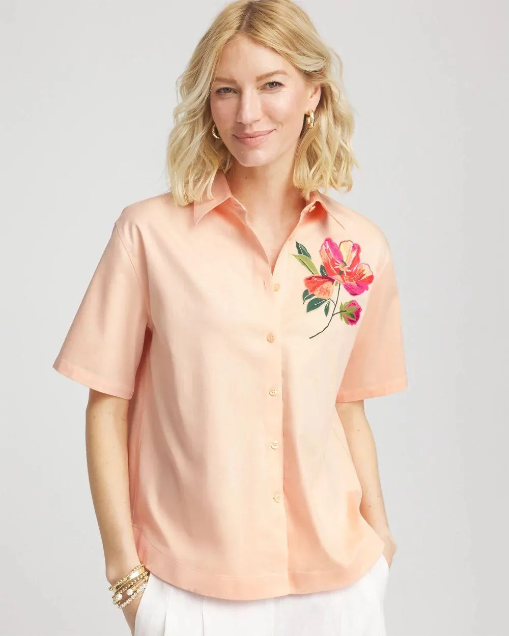 No Iron ™ Embroidered Floral Short-Sleeve Shirt