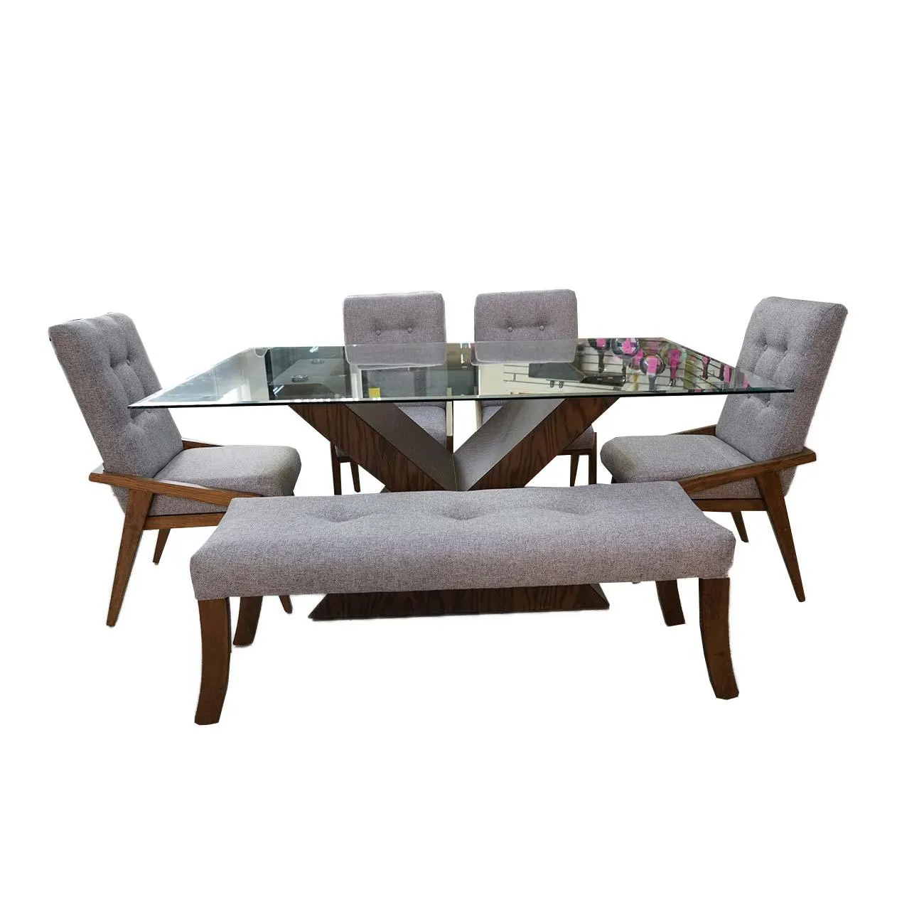 Comedor Logan maple moca de 4 sillas en tela paraíso y una banca