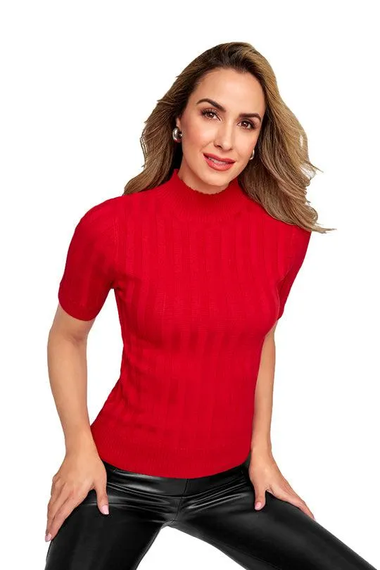 BLUSA DE PUNTO ROSA Y ROJO ACANALADO 90575