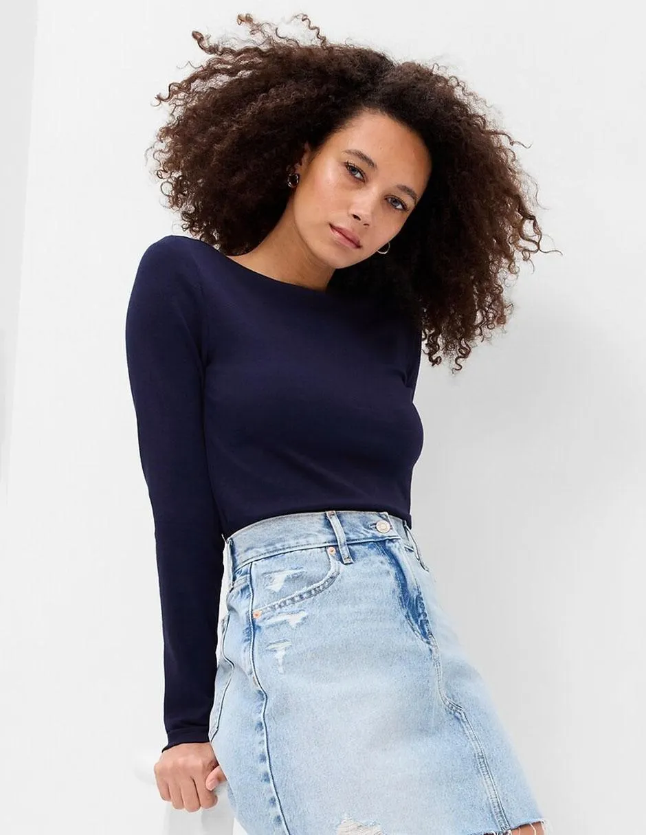 Playera manga larga cuello ojal para mujer