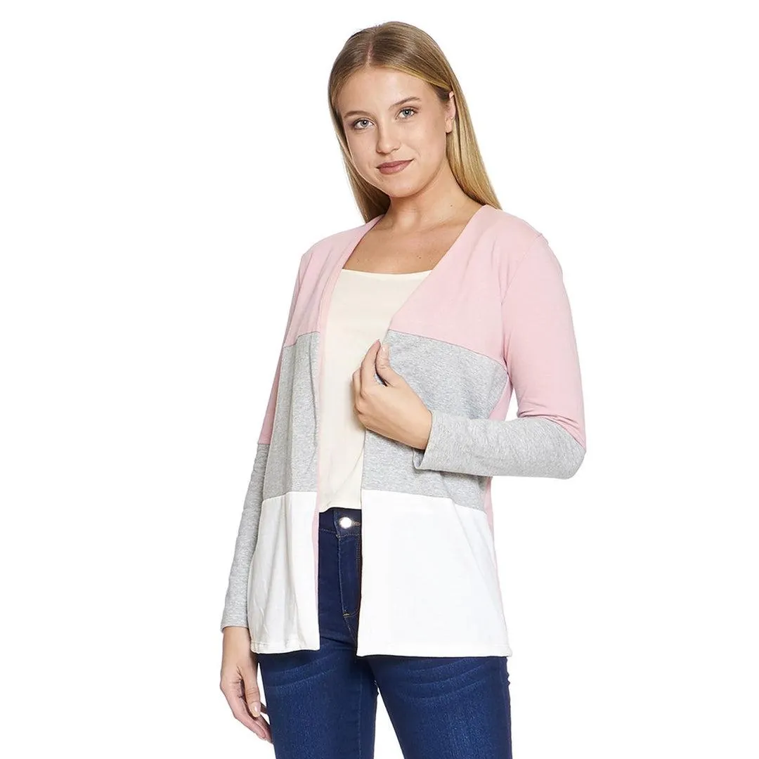 Cárdigan Ensamble Ligero Mujer Moda Casual Tricolor Rosa Gris Blanco Manga Larga Frente Abierto 3307