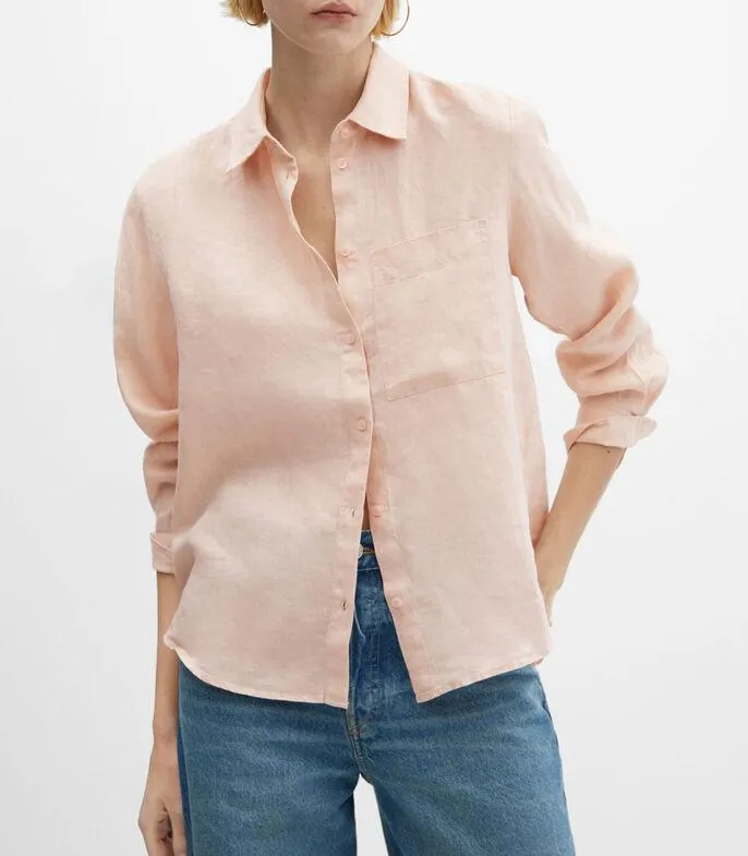 Camisa lisa en lino manga larga Mujer
