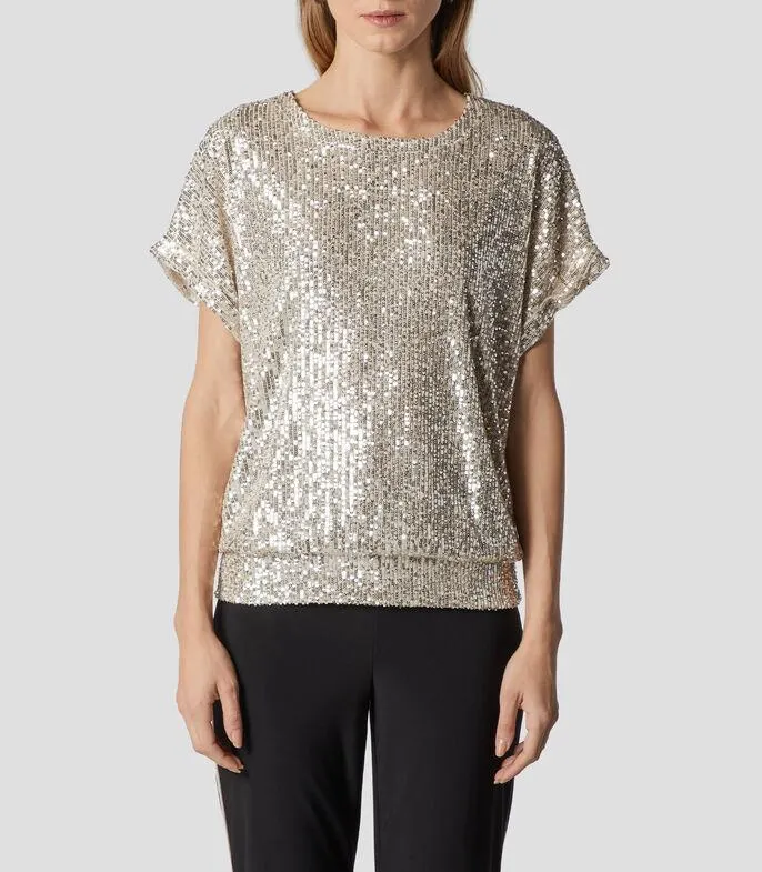 Blusa con lentejuela y manga corta Mujer