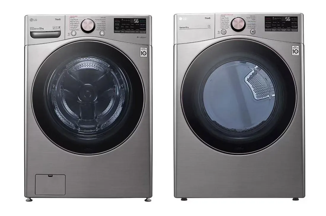 Lavadora LG Carga Frontal Inteligente Inverter AI DD™ (Inteligencia Artificial) con TurboWash 360™ 22 Kg - Plata con Conectividad LG ThinQ + Secadora LG Carga Frontal Inteligente con Ciclos con vapor Steam Fresh™ y conectividad ThinQ™ 22 Kg - Plata