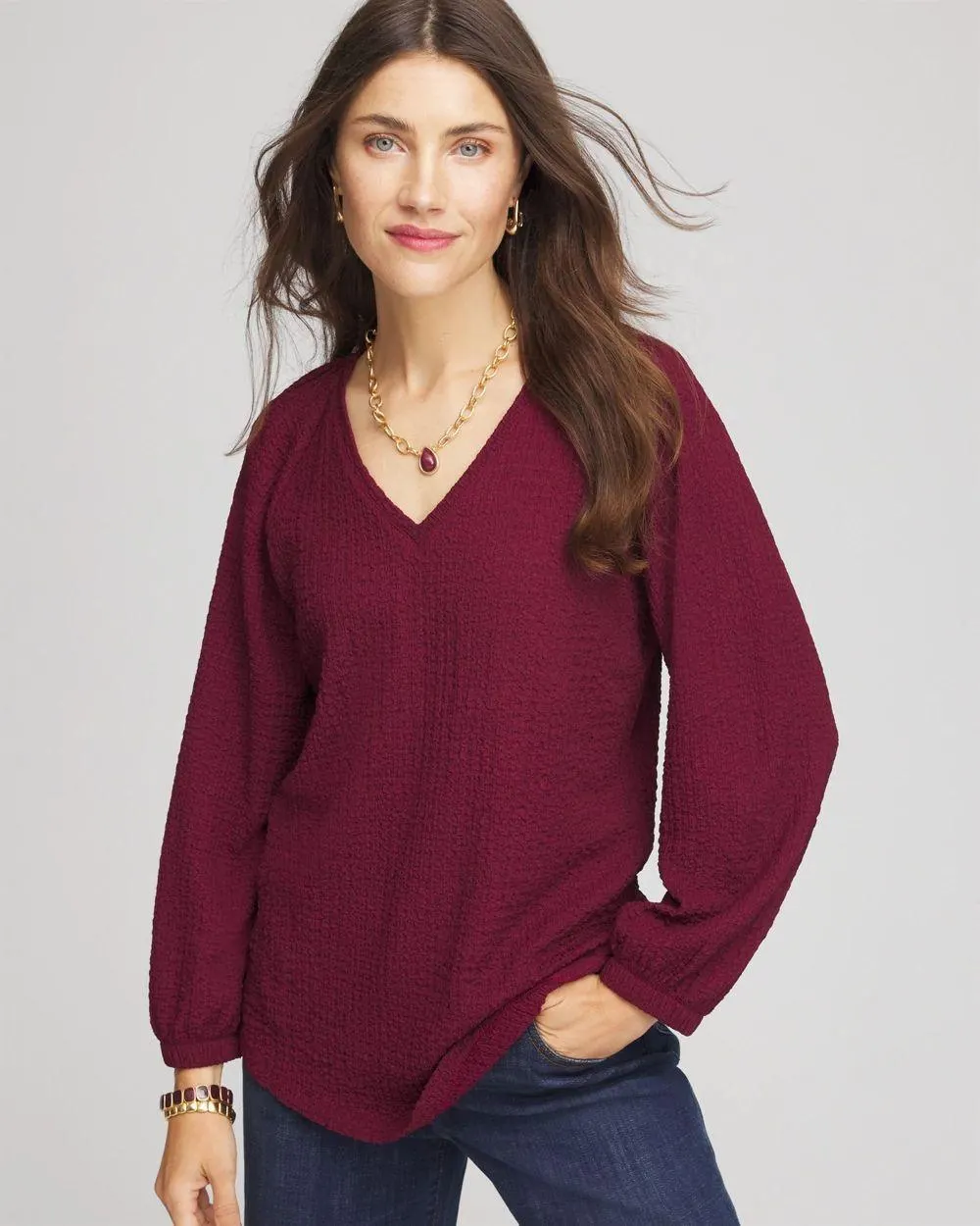 Textured Raglan V-Neck Top