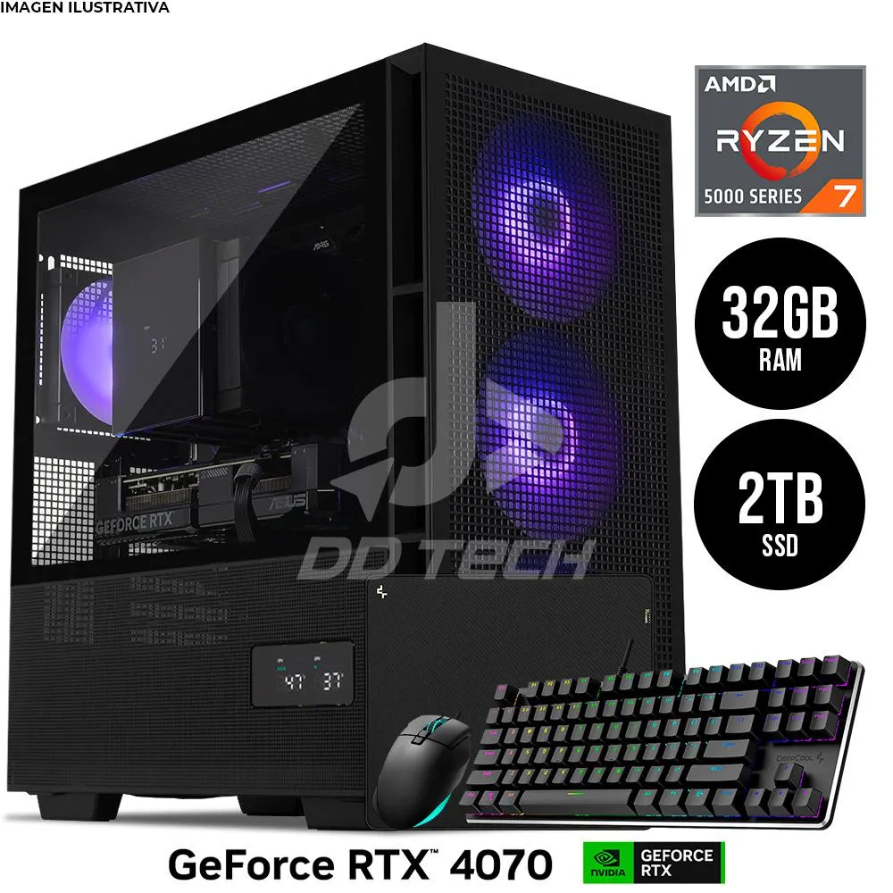 Computadora PRIDE DPC DELUXE PLUS / AMD Ryzen 7 5700X 4.2GHz / RTX 4070 / 32GB RAM / 2TB M.2 / DISIPADOR 120MM / 700W 80+ Bronze / KIT PERIFERICOS GAMER 3-1 Teclado Mecánico, Mouse Gamer + Mousepad