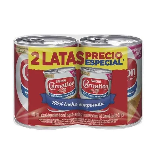 Leche evaporada Nestlé Carnation Clavel 2 latas de 360 g c/u