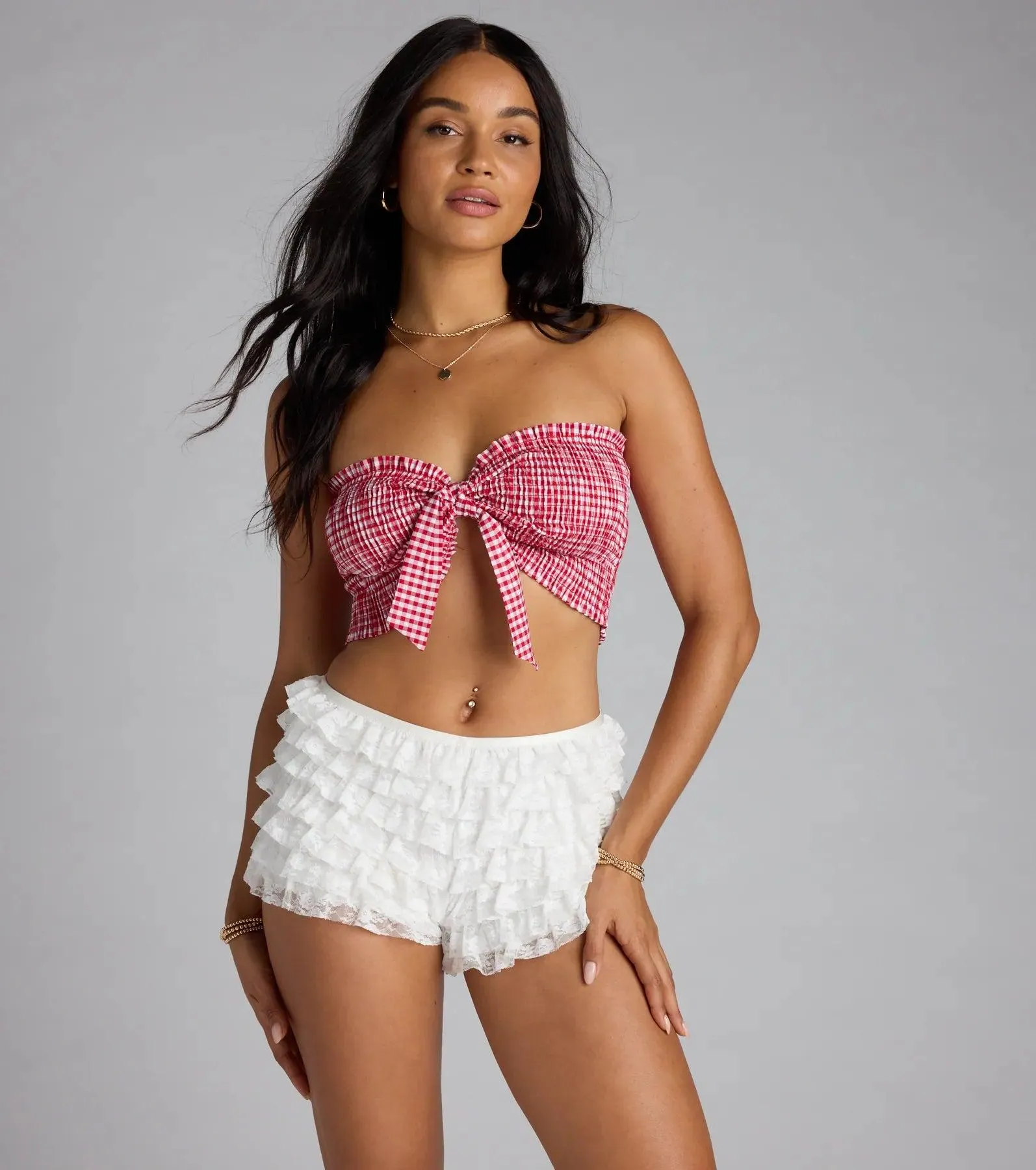 Girl Next Door Tie Front Gingham Tube Top