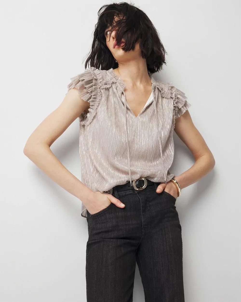 Ruffle Tie-Neck Shimmer Top