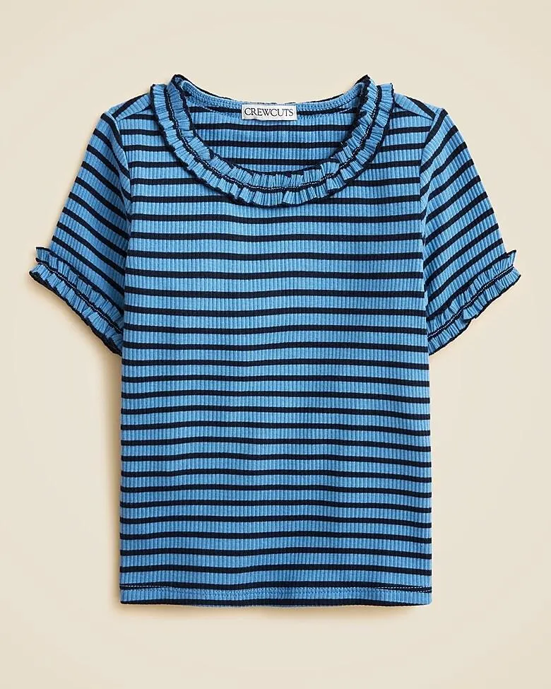 Girls' short-sleeve ruffle-trim T-shirt in striped vintage rib