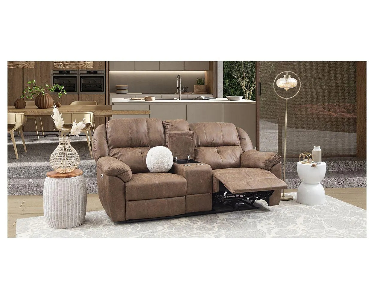 Sofá 2 Plazas Con 2 Reclinables Eléctricos Y Consola Prescott Café