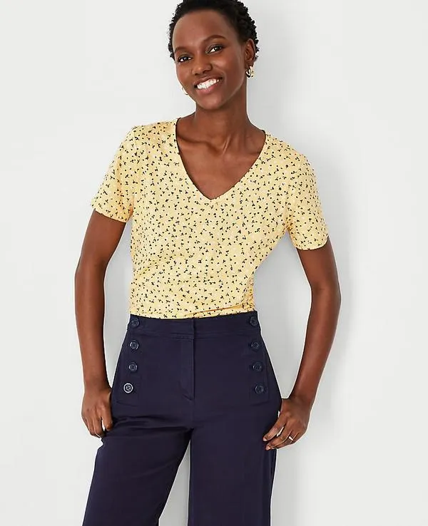 Camisas Ann Taylor Floral Pima Algodon V-Neck Azules Grises Oscuro | 192648-ZTE