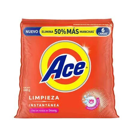 Detergente en Polvo Ace con Toque de Downy Limpieza Instantánea 6 Cargas (648g)