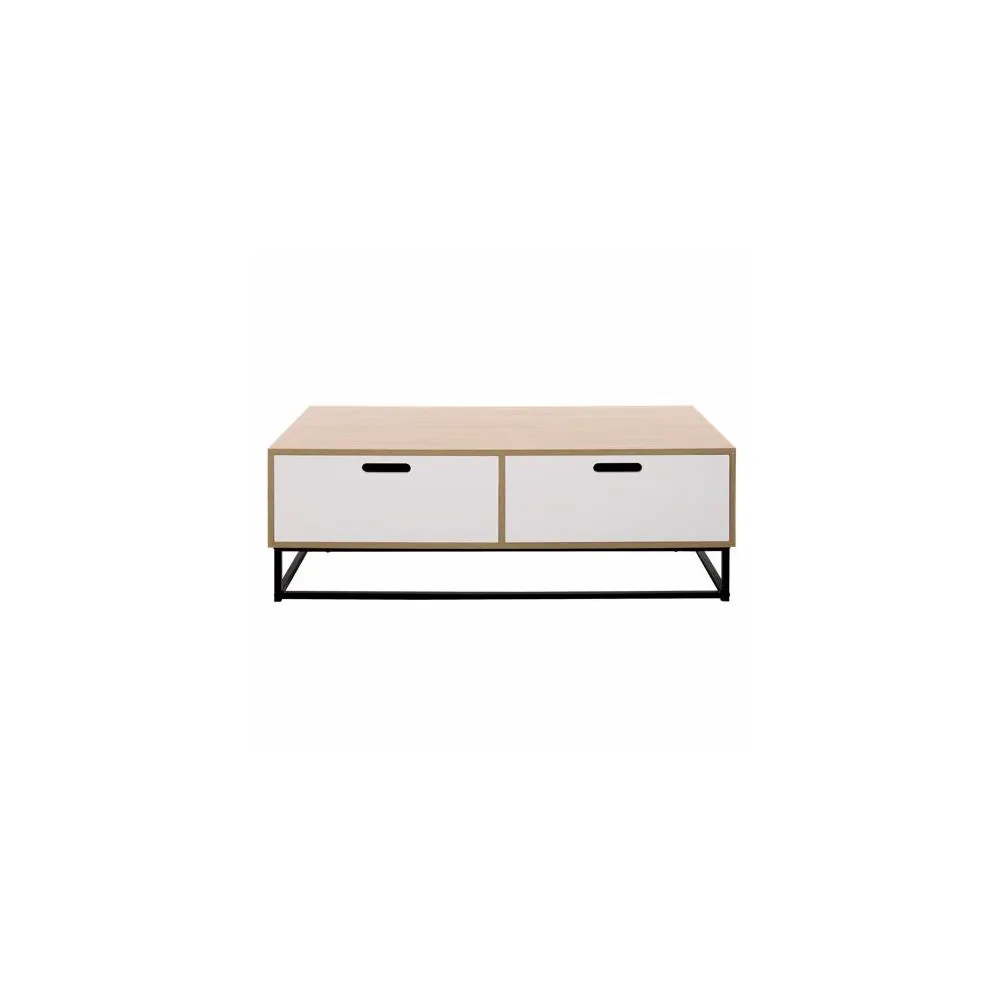 Goliat - Mesa de centro estilo industrial con madera de encino, herrería negra y cajones blancos