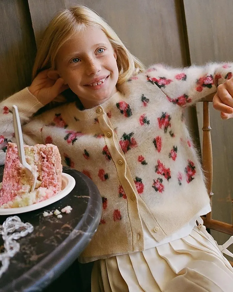 Girls' brushed cashmere cardigan sweater in blurry floral