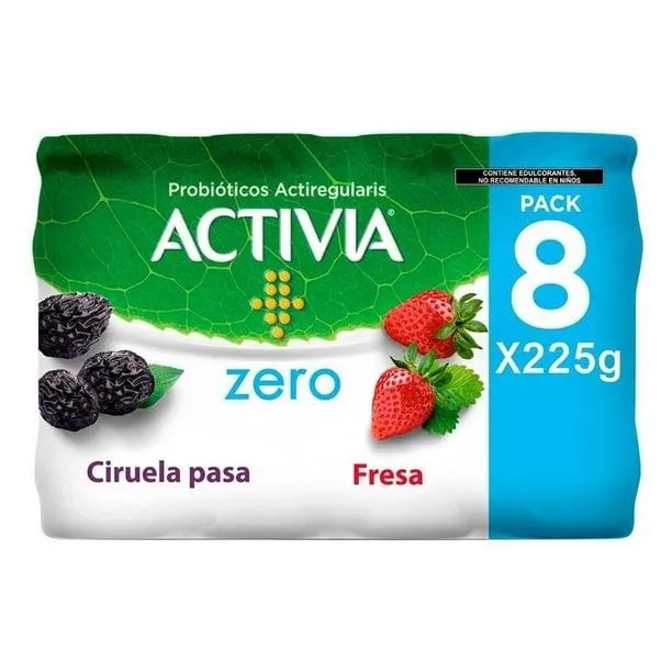 Alimento lácteo fermentado Activia ciruela pasa y fresa sin azúcar 8 pzas de 225 g c/u