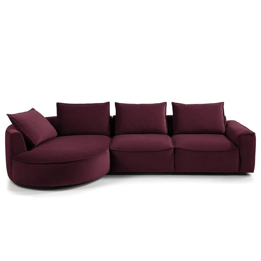 Arcona - Sofá esquinero estilo moderno con casco redondeado terciopelo vino
