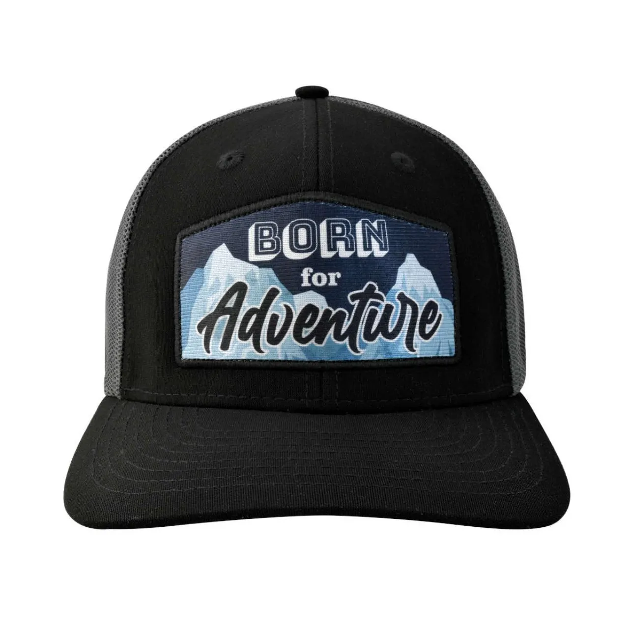 Gorra con malla y ajustador de plástico, BORN for Adventure, negro/gris