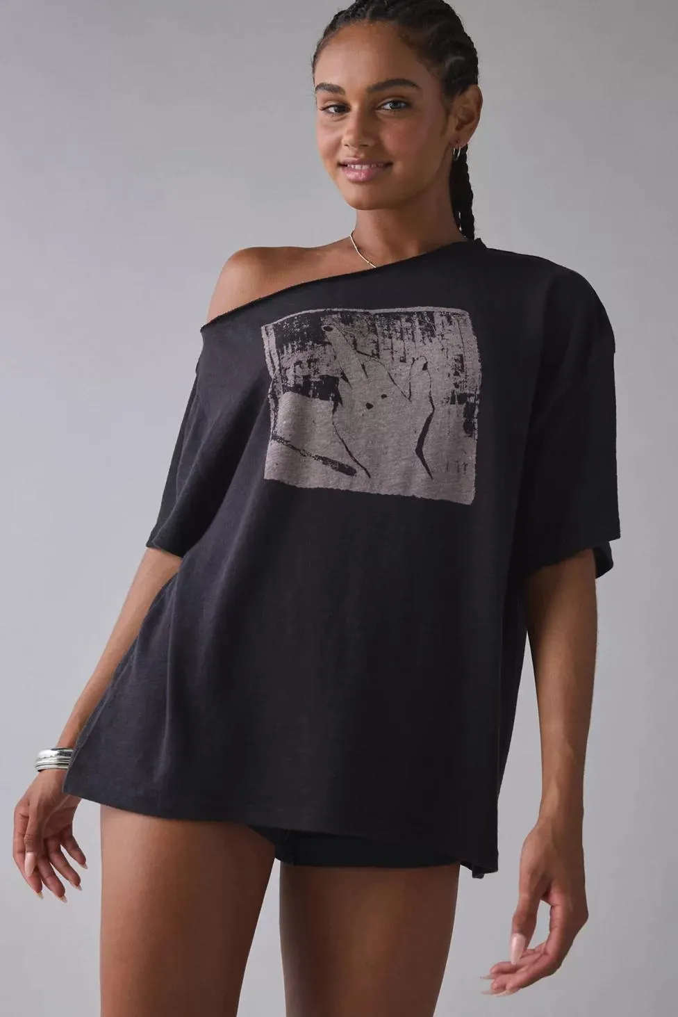 BDG Courtney Middle Finger Graphic Off-The-Shoulder Oversized Tee