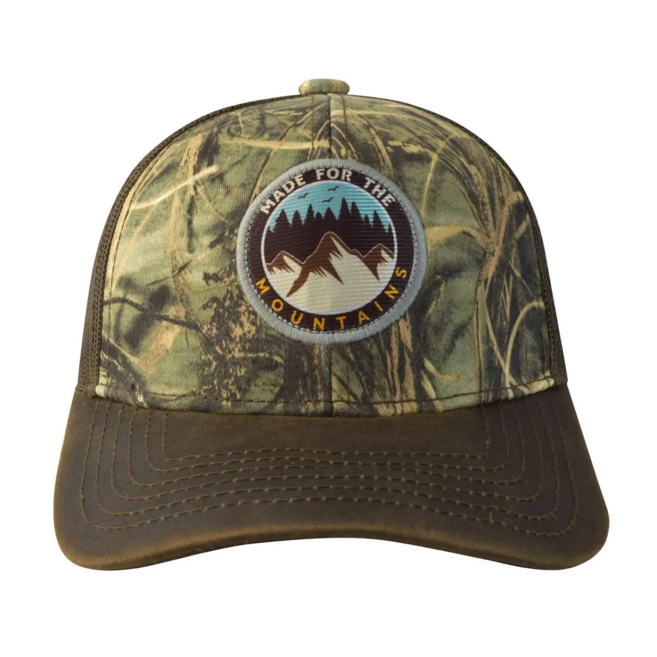 Gorra con malla y ajustador de plástico, MADE FOR THE MOUNTAINS, camuflaje c/café