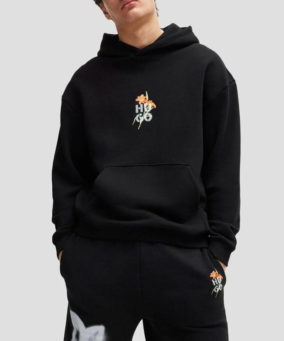 Sudadera con capucha oversize fit de algodón con ilustración floral Hombre