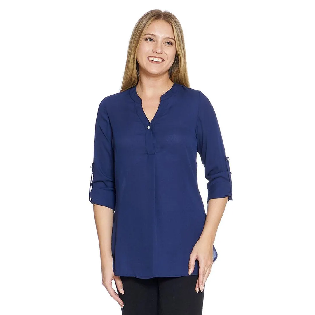 Blusón Mujer Casual Manga 3/4 Elevador Azul Marino Cómodo Botón Delantero Aberturas en Costados 5504