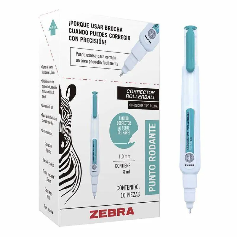 Corrector Líquido Blanco Tipo Pluma 8 ml Caja con 10 Piezas Zebra