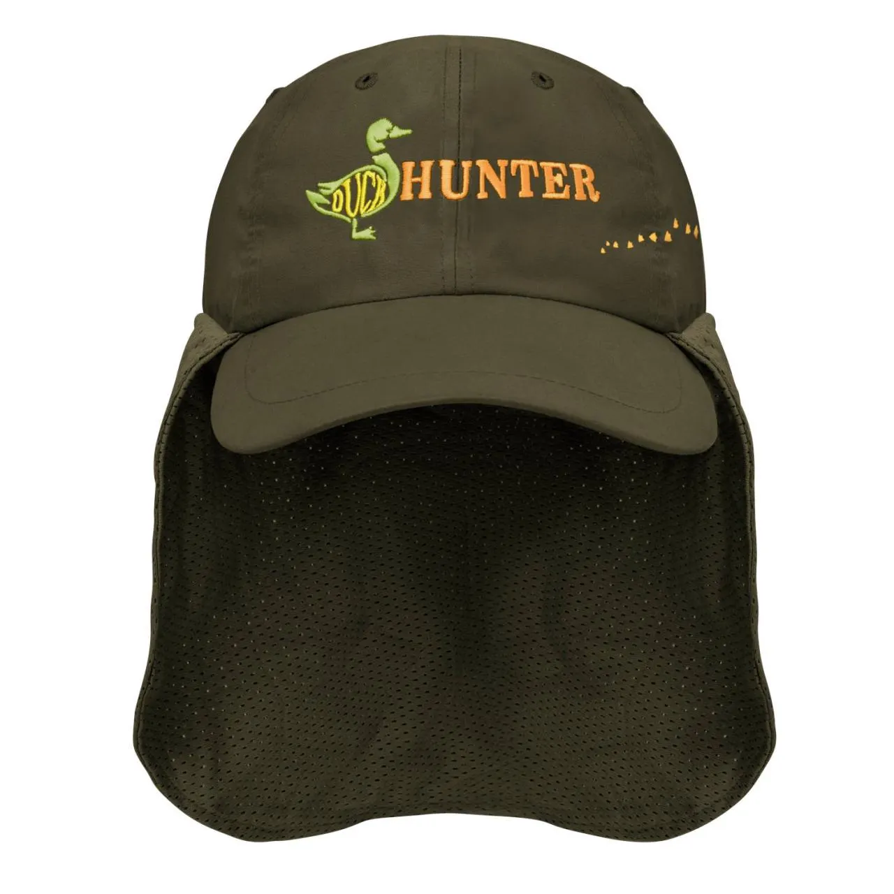 Gorra pescador con faldón de malla, duck hunter y huellas, olive
