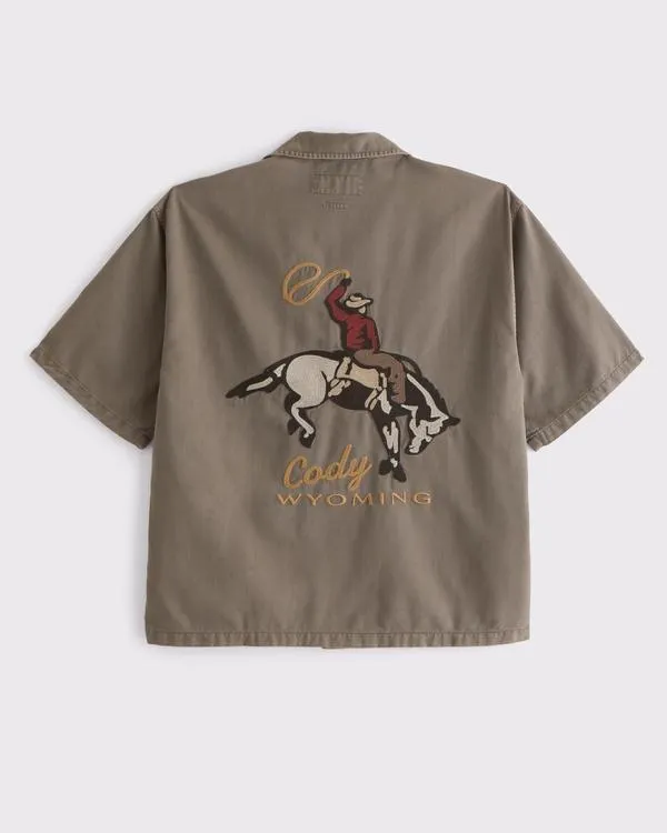 Short Sleeve Cropped Western Graphic Button-Up Shirt