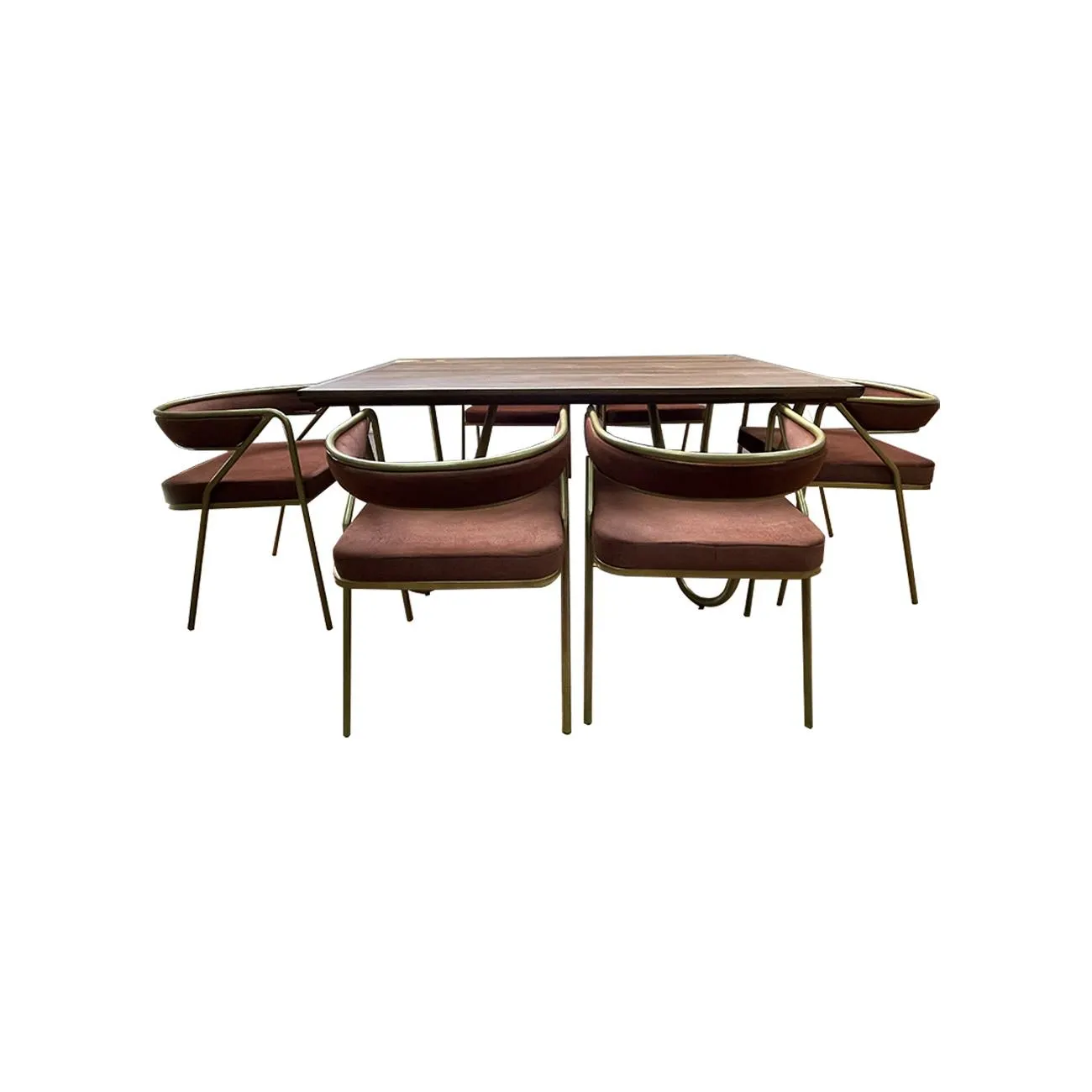 COMEDOR DE 6 SILLAS COLOR MARRON TAPIZ GOSPEL TERRACORA MELAMINA NOGAL Y PATAS ORO