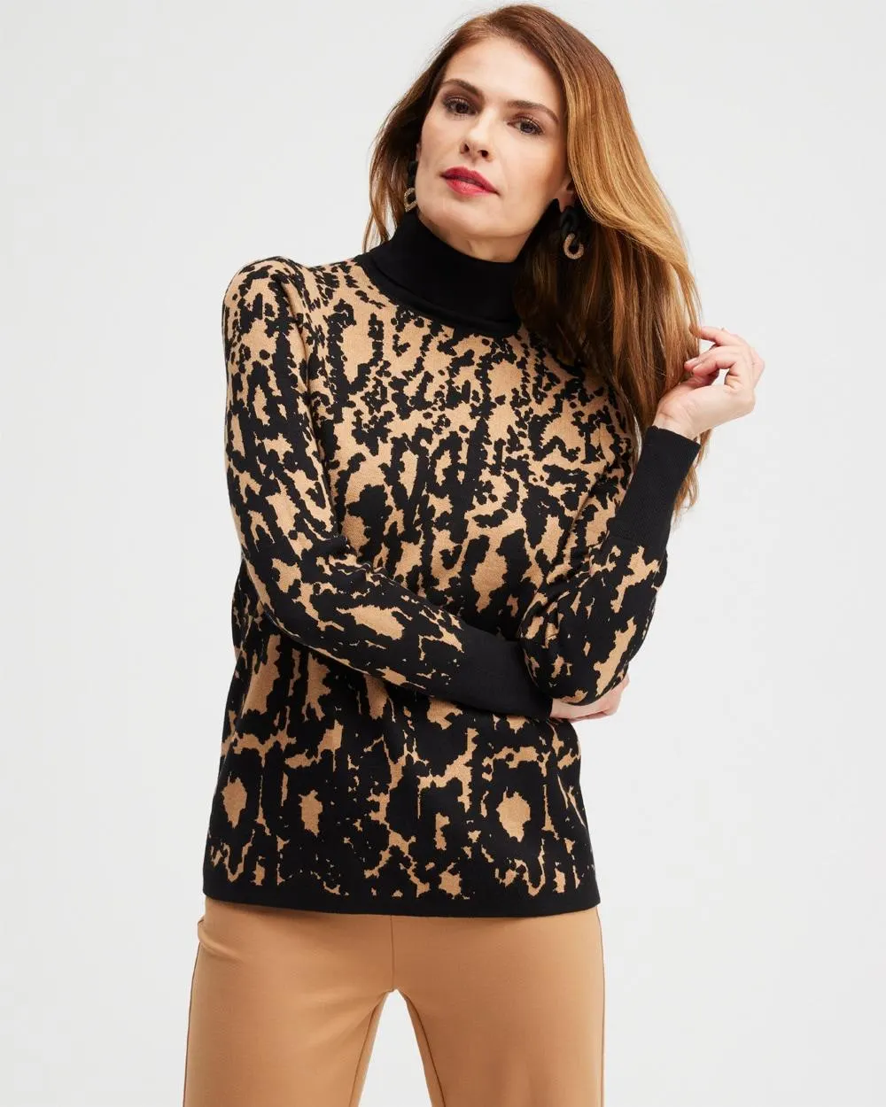 Jacquard Animal Print Turtleneck Sweater