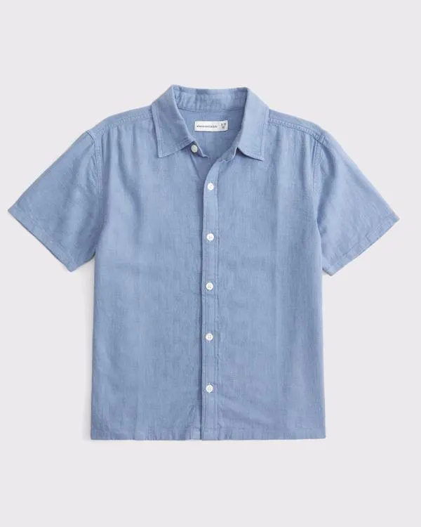 textural short-sleeve linen-blend shirt