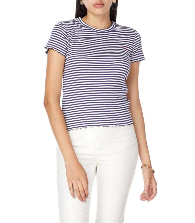 Playera con cuello redondo de manga corta y rayas Mujer