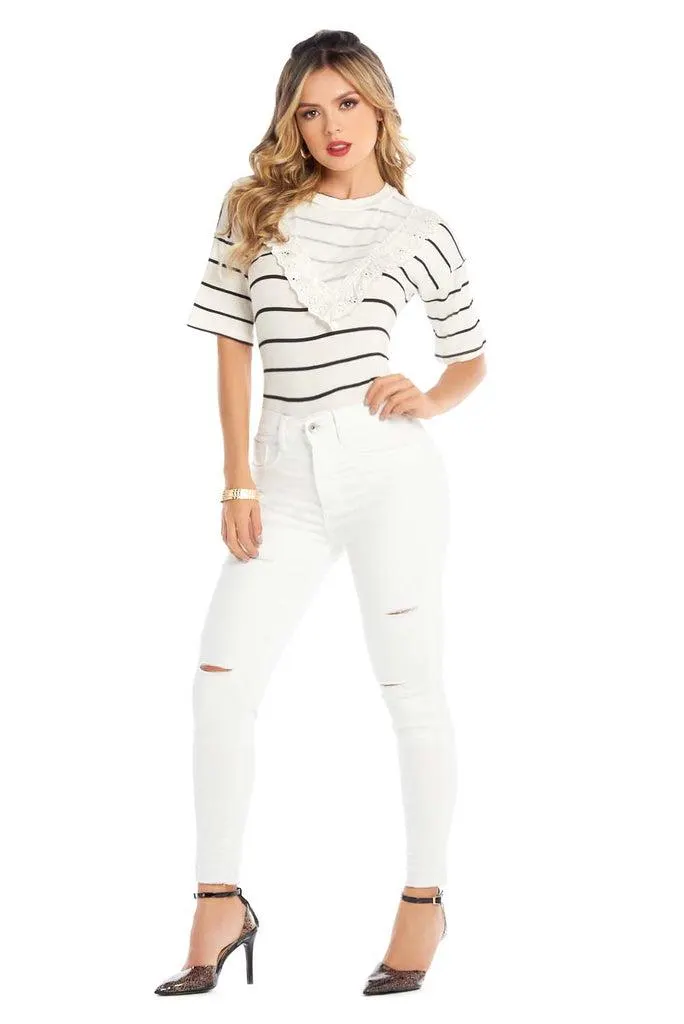 023888 Pantalǟ¶ün Corte Ajustado Detalle Desgarrado Color Blanco