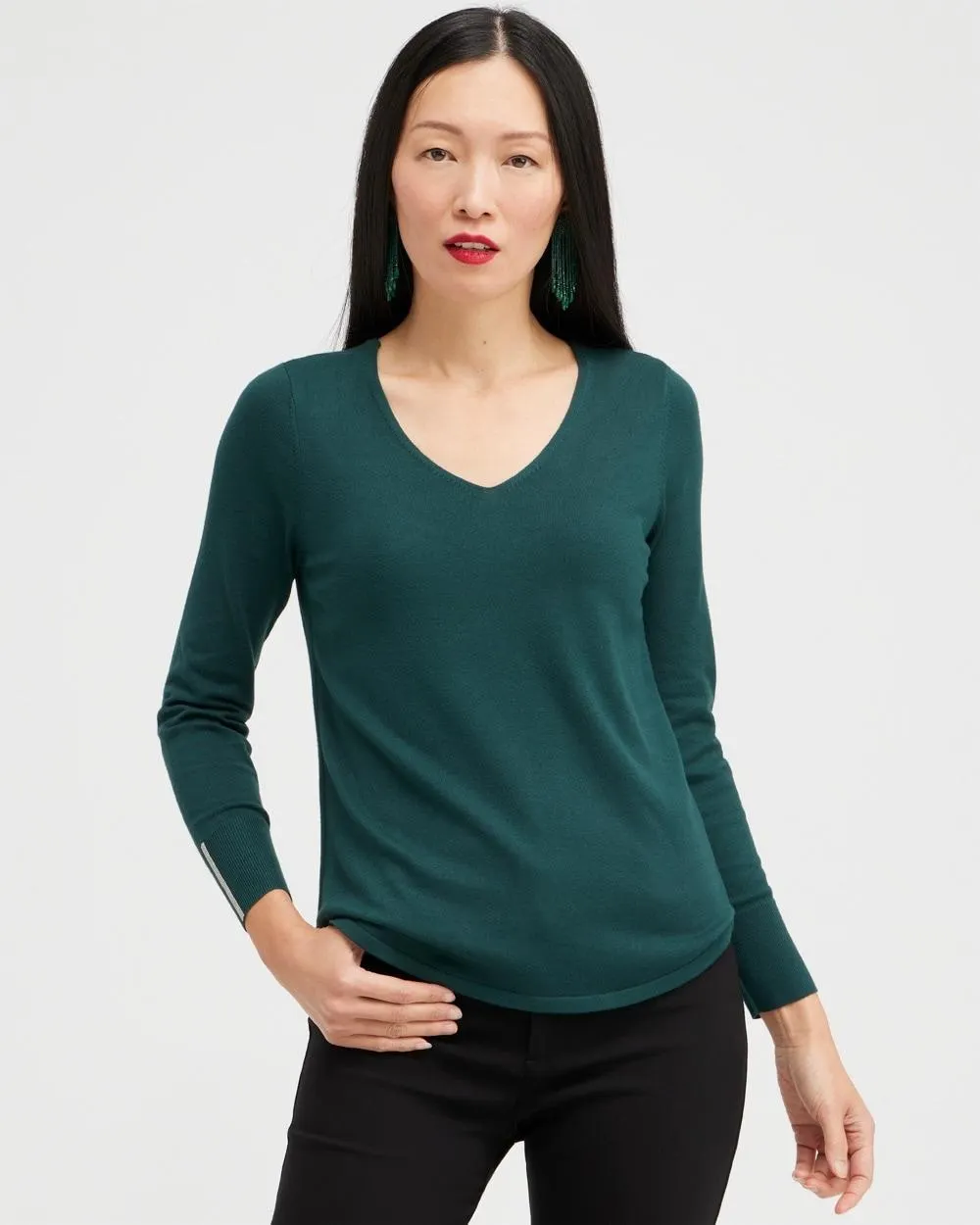 Caviar Trim V-Neck Pullover Sweater