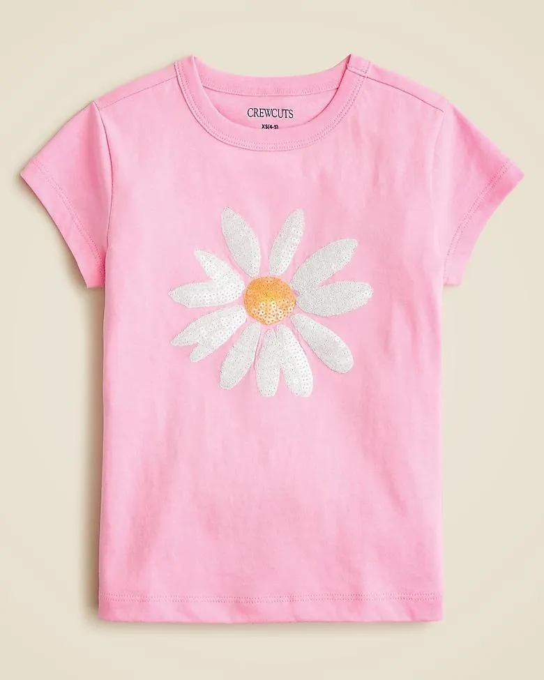 Girls' short-sleeve daisy graphic T-shirt with sequins