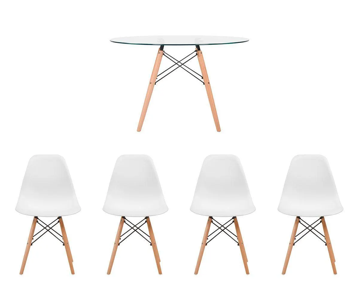 Mesa de comedor replica Eames 120cm vidrio + 4 sillas réplica Eames - Blanco