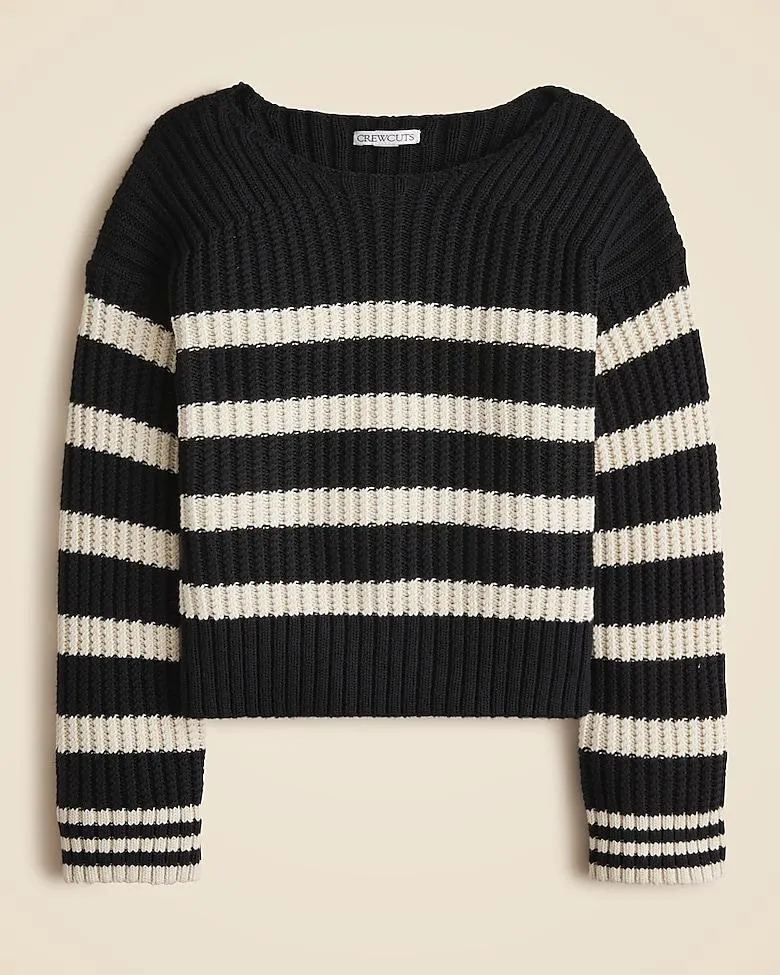 Girls' cotton boatneck sweater in black stripe