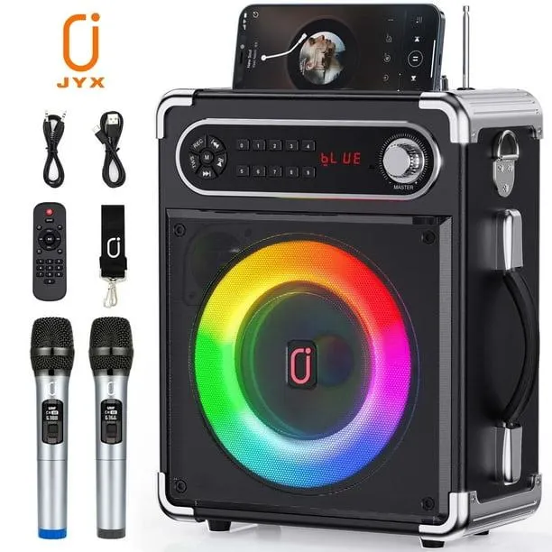 Máquina de karaoke JYX, altavoz Bluetooth con radio FM, 2 micrófonos inalámbricos, luz LED de fiesta, control remoto
