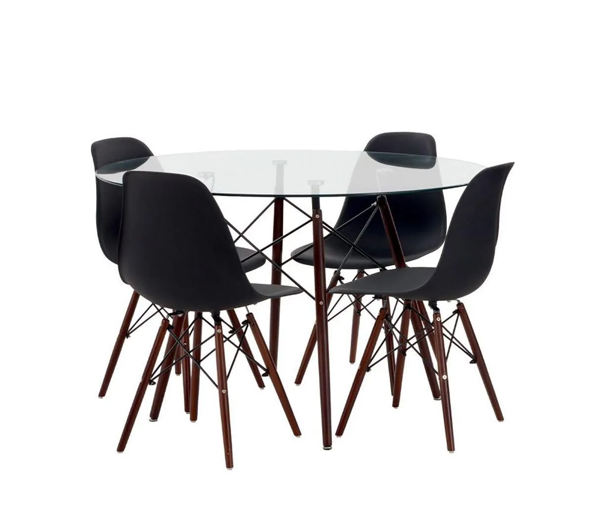Mesa de comedor Eames 120 vidrio - Transparente + 4 Sillas réplica Eames nogal - Negro