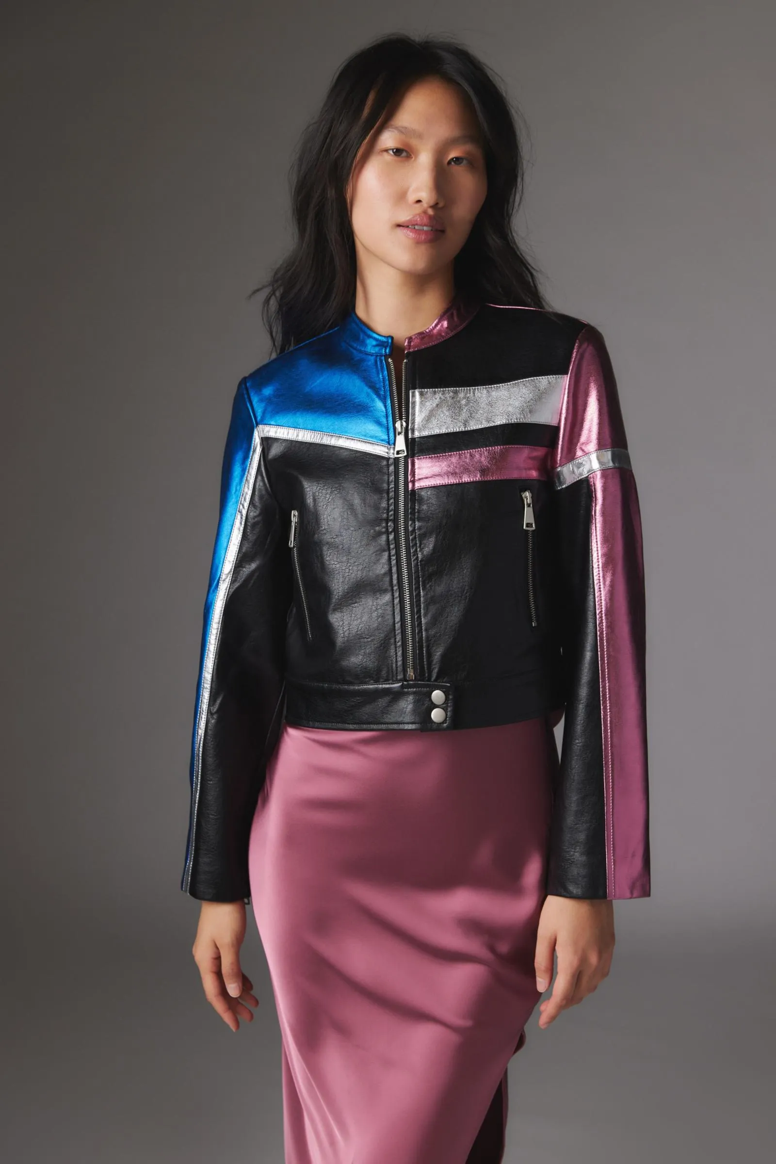 UO Snoh Faux Leather Metallic Moto Jacket