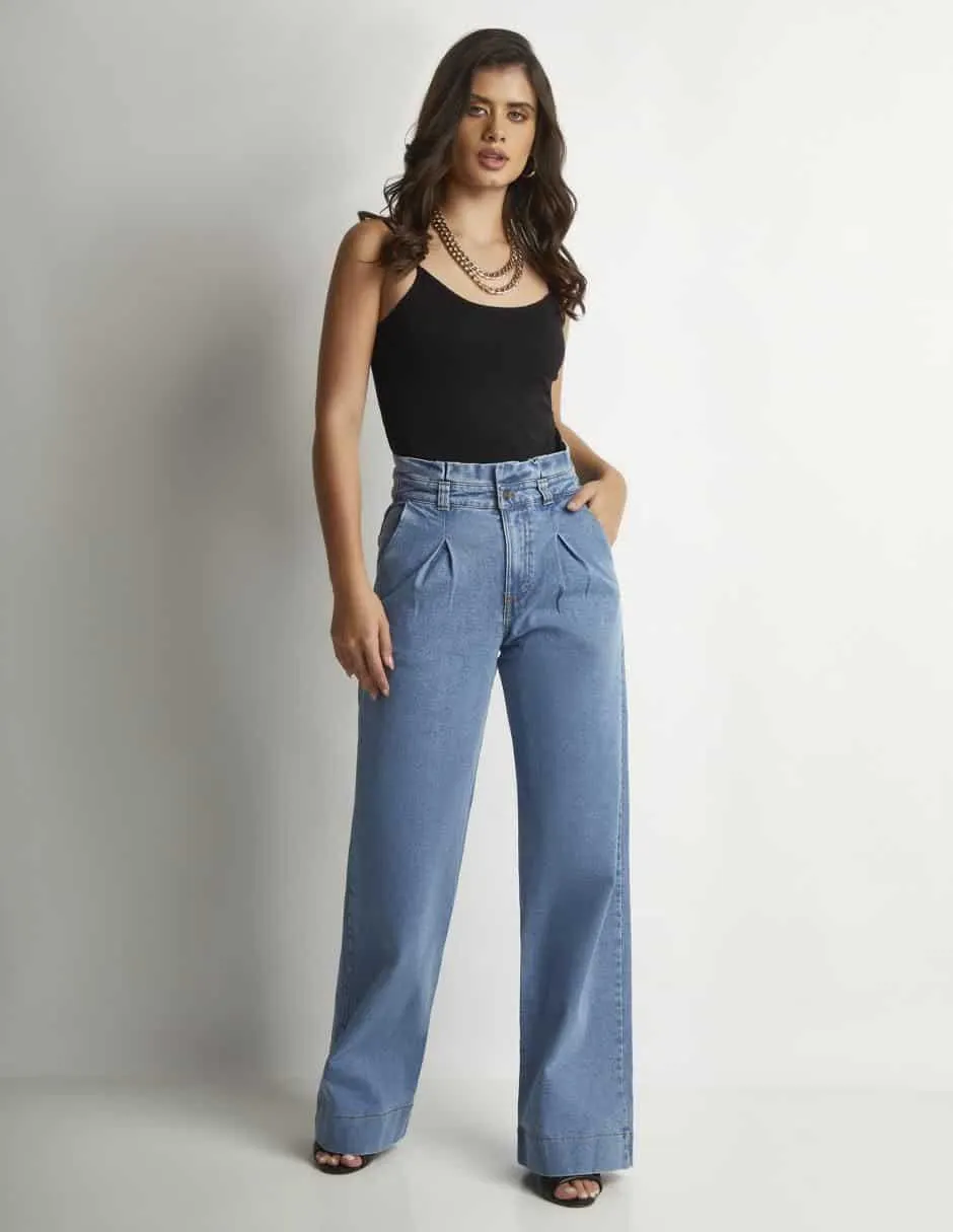 Jeans wide leg Devendi 11340 corte cintura alta para mujer