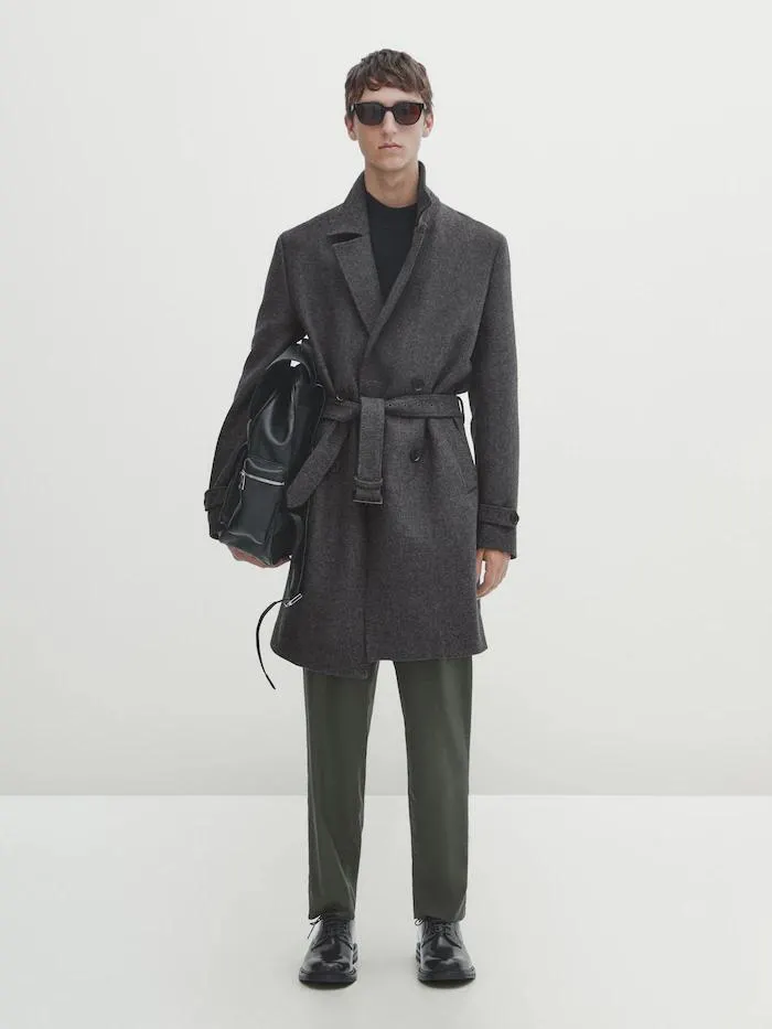 Abrigo cruzado mezcla lana cinturón