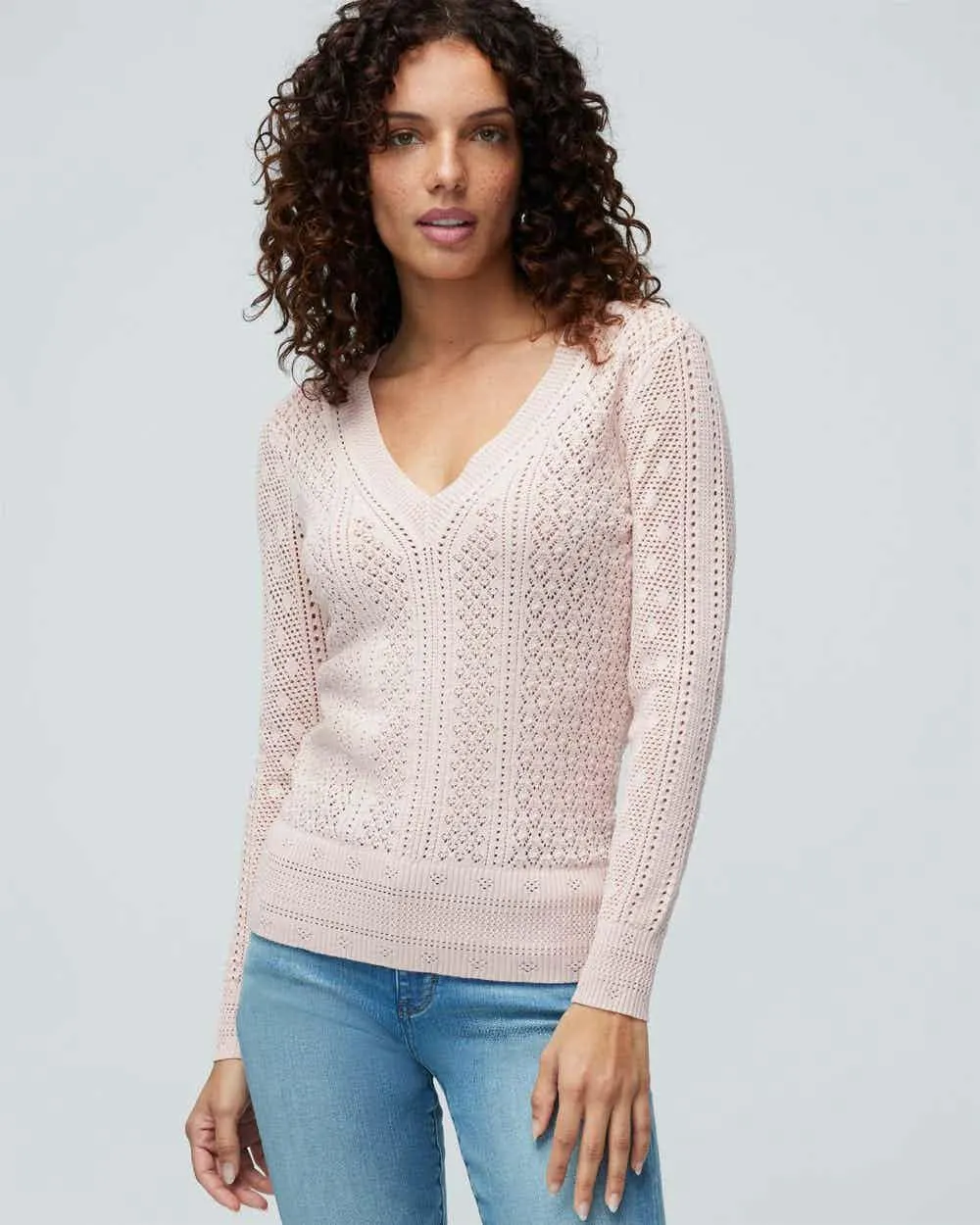 Long Sleeve Pointelle V-Neck Pullover